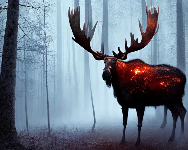 Image similar to 5 5 mm portrait photo of a demonic heavily burning moose with red eyes and antlers and looking at the camera, in a magical forest. dark atmosphere. art by greg rutkowski and luis royo. highly detailed 8 k. intricate. lifelike. soft light. nikon d 8 5 0.