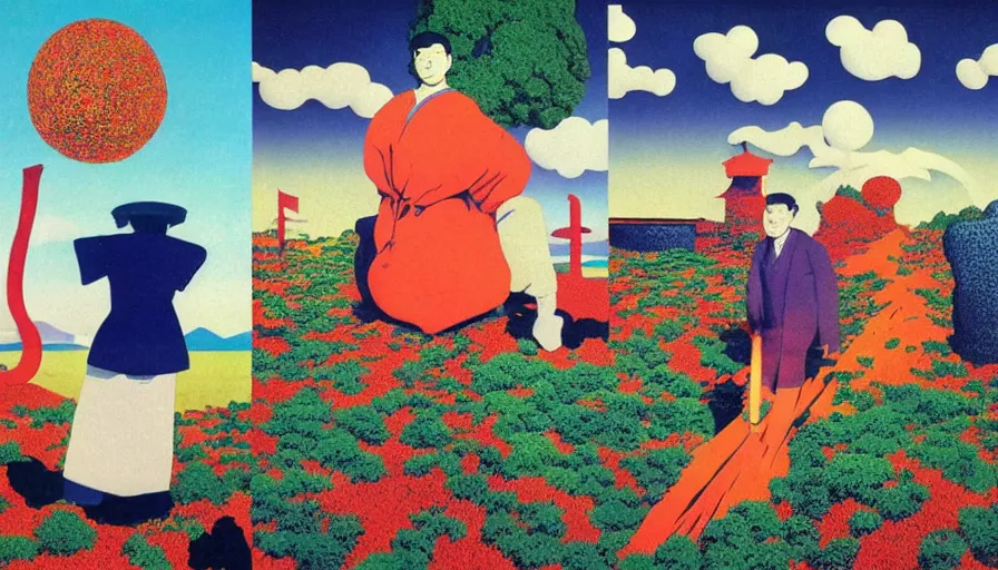 Prompt: Japan rural splendor travel and tourism c2050, surrealist psychedelic photo-collage painting in the style of Newsweek magazine, +81 magazine, Magritte, Roger Dean, Yoshio Awazu, vivid color