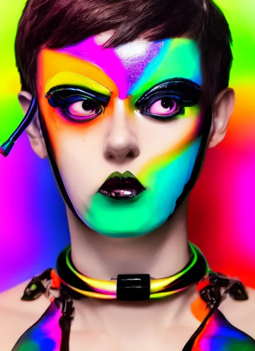 Image similar to full body abstract surreal weird oil painting portrait of tracer overwatch, confident pose, full body, full body, wearing black jagged iridescent rainbow latex armor, rainbow, neon, 4 k, expressive, makeup, wearing large rainbow neon choker, studio lighting, black latex, expressive detailed face and eyes,