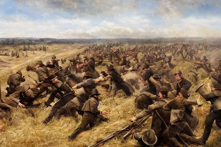 Image similar to american civil war trench battle, shots fired, explosions all around, wide shot, cinematic, realistic painting in the style of jules breton