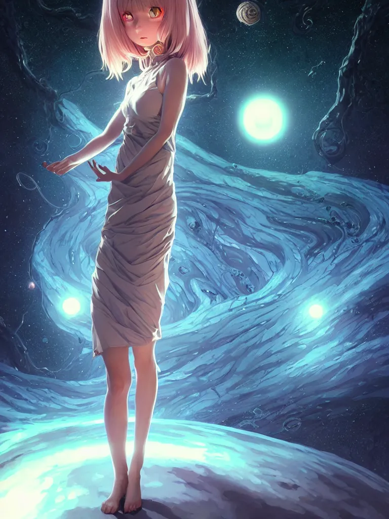 Image similar to azathoth girl talking to you, dress made out milky way, full body, occlusion shadow, specular reflection, rim light, unreal engine, artgerm, artstation, art by hiroaki samura and ilya kuvshinov and ossdraws, intricate, highly detailed 8 k, cosmic horror illustration, extremely beautiful shape of face and body