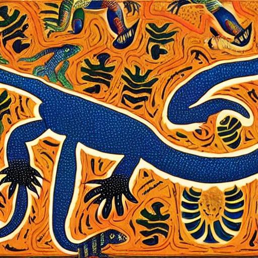 Prompt: australian aboriginal dreamtime lizard mural