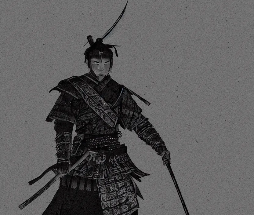 Image similar to '2d design graphic a samurai in the night ,big white moon background , gloomy and foggy atmosphere, octane render, artstation trending, horror scene, highly detailded style of Moebius, black and white ink '