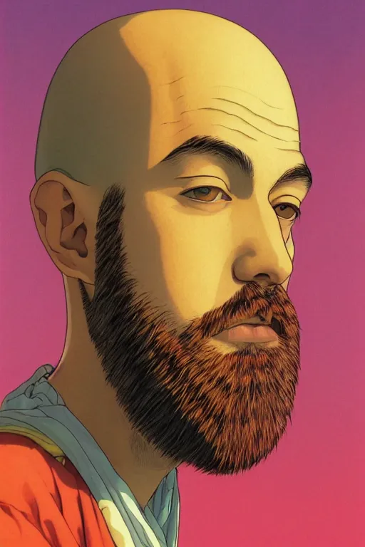 Prompt: a colorful closeup portrait of a young bald man with a wild beard dreaming psychedelic hallucinations in the vast icy landscape of antarctica, by kawase hasui, moebius and edward hopper, colorful flat surreal design, hd, 8 k, artstation