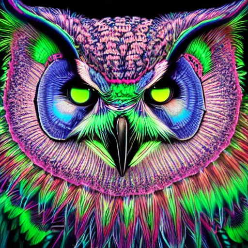 Image similar to neon tribal eurasian owl, pastel neon, photorealistic render 8k intricate, elegant, highly detailed, smooth, sharp focus, detailed face, high contrast, dramatic lighting, graphic novel, art by alex grey