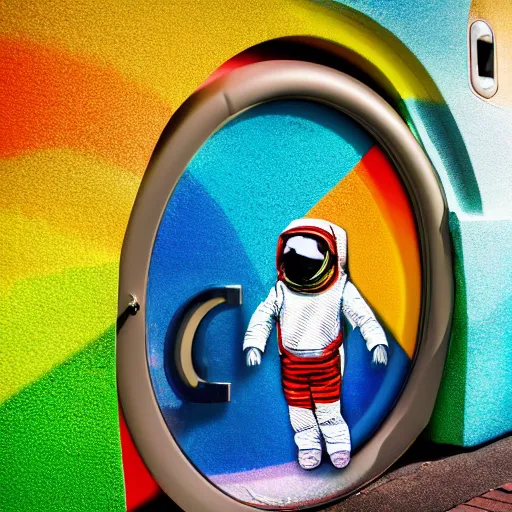 Image similar to photograph of circular door of washing machine washing colorful clothes and a toy astronaut. 8k resolution. hyperrealistic.