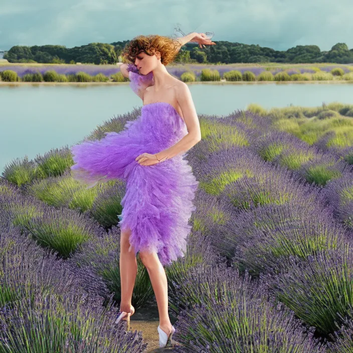 Prompt: a woman with a dress made of lavender chains standing next to water, golden hour, vogue magazine