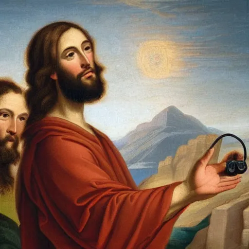 Image similar to Jesus wearing a VR Headset while preaching on Mount Sinai, highly detailed, 18th century painting