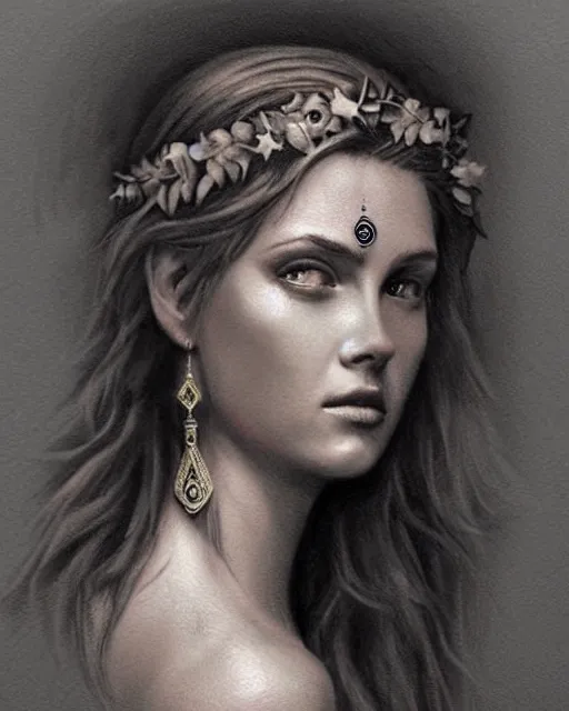 Image similar to realism tattoo sketch of a beautiful greek goddess aphrodite with piercing eyes wearing a laurel wreath and triangle earrings, in the style of greg rutkowski, amazing detail