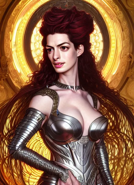 Prompt: 8 k metahuman highly detailed cdpr character design of anne hathaway as armor witch, hajime sorayama, red long wavy hair, lace dress, artgerm, alphonse mucha, clear symmetrical face, game assets, swarovski, unreal engine, sharp focus, jewelry iridescent, illustration, artstation