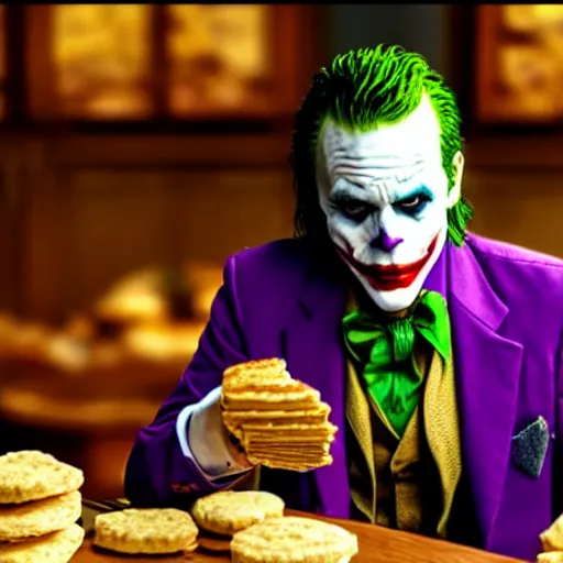 Image similar to cinematic shot of the joker sitting at a table in front of a plate of flour biscuits, 8 k, very detailed, very intricate,