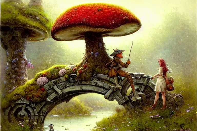 Image similar to nofigure! adventurer ( ( ( ( ( 1 9 5 0 s retro future forrest of giant mushrooms, moss and flowers stone bridge. muted colors. ) ) ) ) ) by jean baptiste monge!!!!!!!!!!!!!!!!!!!!!!!!! chrome red