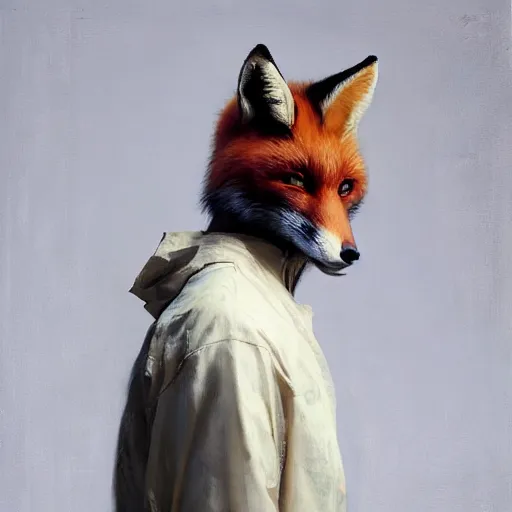 Image similar to fox foxman wearing a jumpsuit by ruan jia, portrait