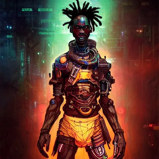 Image similar to a dark and ominous cyborg african child soldier with glowing eyes and dreadlocks, neon graffiti, Apex Legends character digital illustration portrait design, by android jones and greg rutkowski in a cyberpunk voodoo style, synthwave color scheme, detailed, cinematic lighting, wide angle action dynamic portrait