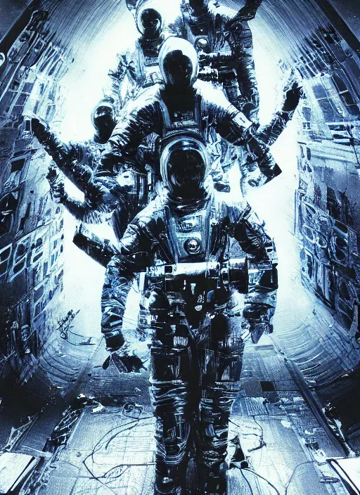 Image similar to astronauts in dark and empty void underwater - complex and hyperdetailed technical suit. reflection and dispersion materials. rays and dispersion of light. volumetric light. 5 0 mm, f / 3 2. noise film photo. flash photography. ultra realistic, wide angle. poster by wayne barlowe, hajime sorayama aaron horkey, craig mullins