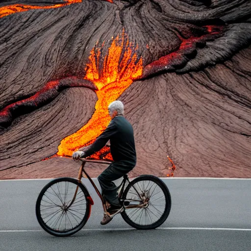 Image similar to elderly man riding a bike in a lava flow, wheelie, stunt, trick, volcano, eruption, magma, lava, canon eos r 3, f / 1. 4, iso 2 0 0, 1 / 1 6 0 s, 8 k, raw, unedited, symmetrical balance, wide angle