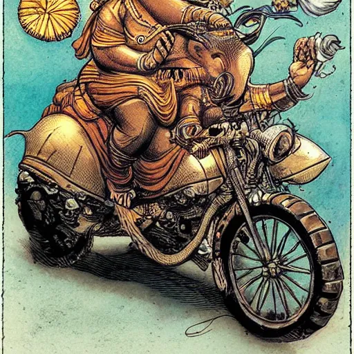 Prompt: ganesha riding a motorcycle, art by rebecca guay