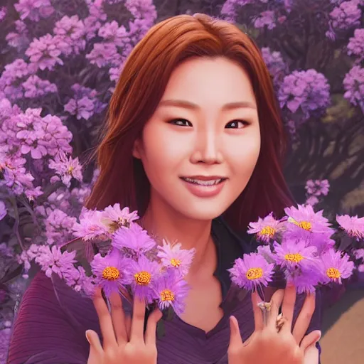 Image similar to portrait of hong jin - young, smiling with flowers in hands. sharp focus, cinematic pose, cinematic lighting, unreal engine render. art by josan gonzales and moebius and deathburger.