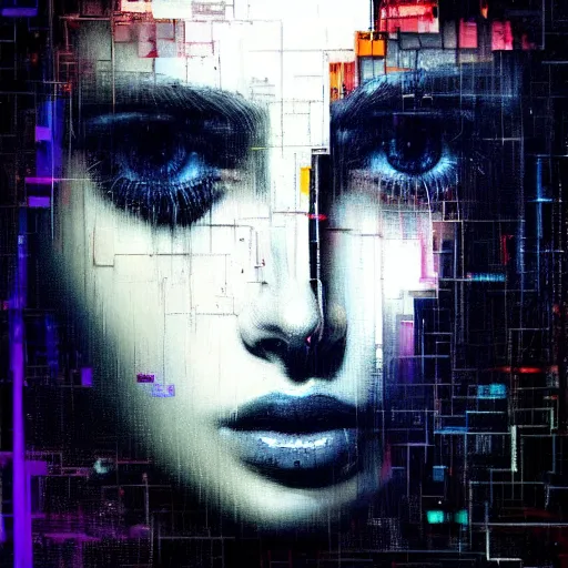 Prompt: hyperrealistic portrait of a young woman with crystal eyes, by Guy Denning, by Johannes Itten, by Russ Mills, glitch art, hacking effects, digital tech effects, cyberpunk, color blocking!, oil on canvas, intricate detail, concept art, abstract, detailed lines, clean, polished, symmetrical, octane, cgsociety, 8k, trending on artstation