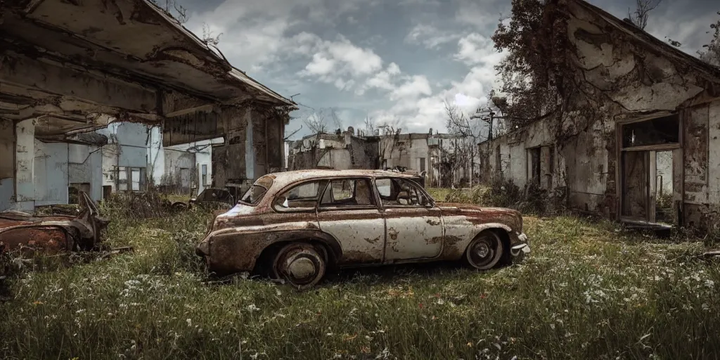 Image similar to low wide angle shot of dilapidated fallout 5 europa, retro futuristic overgrown euro rural town, desolate, dilapidated houses, few rusted retro futuristic vintage parked vehicles like cars, volumetric lighting, photorealistic, daytime, spring, clear weather, sharp focus, ultra detailed, 3 5 0 0 k