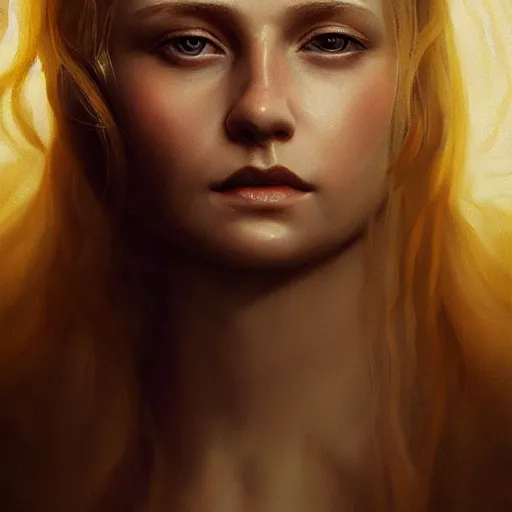 Prompt: pure and kind aristocratic blonde female portrait, sheer flowing dress, atmospheric lighting, painted, intricate, volumetric lighting, beautiful, rich deep colours masterpiece, golden hour, sharp focus, ultra detailed, by leesha hannigan, ross tran, thierry doizon, kai carpenter, ignacio fernandez rios