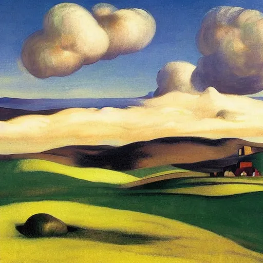 Image similar to dramatic landscape of donegal ireland after the storm, mammatus clouds and lenticular clouds, by edward hopper and giorgio de chirico