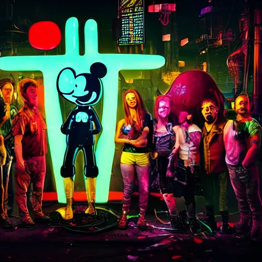 Image similar to a group of people standing around a giant bloody wounded head of mickey mouse, neon netflix logo, cyberpunk art by david lachapelle, cgsociety, sots art, dystopian art, reimagined by industrial light and magic, dark obscure neon concept art