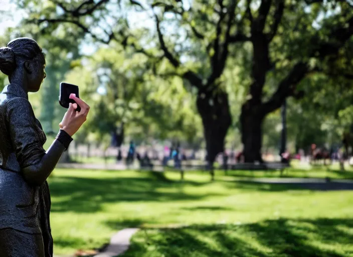 Image similar to photo still of a bronze statue of a woman using an iphone to take a selfie in a park on a bright sunny day, 8 k 8 5 mm f 1 6