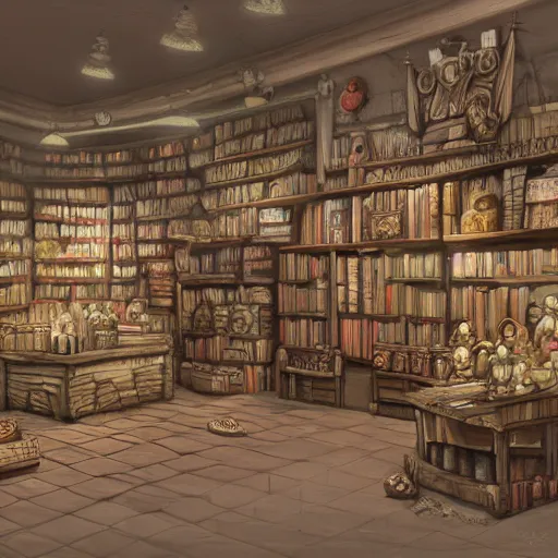 Image similar to store of figurines and statues and books, fantasy concept art