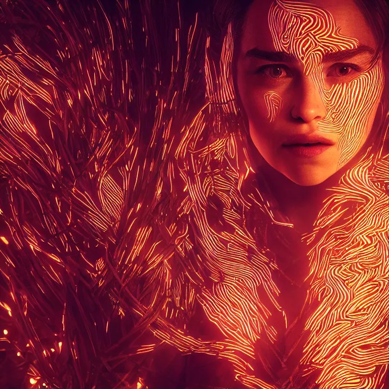 Image similar to emilia clarke covered in glowing lines, concept art, fantasy, extremely high detail, photorealism, octane render, 8 k