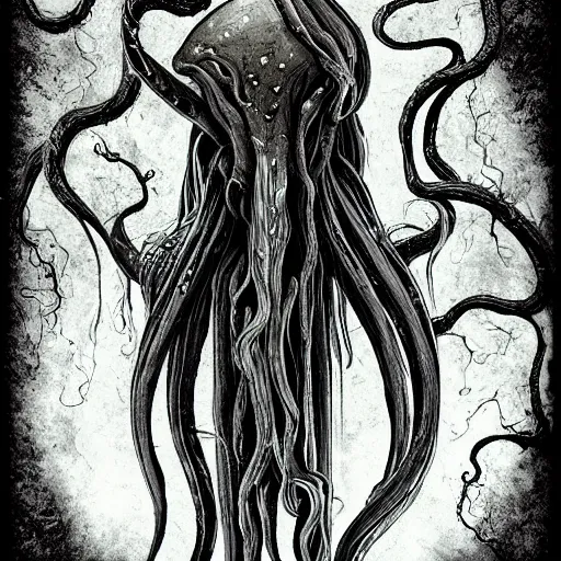 Prompt: one eyed ethereal wraith like being with a squid like parasite overtaking its head the character also has two long tentacles for arms and skin like snow, this being lives in the snowy wasteland and feeds on lost souls, it is averse to light and hides in the shadows of the trees, it has umbrakinesis and cryokinesis and is being designed for the resident evil game series with inspiration from the silent hill franchise and the mind flayer from stranger things on netflix