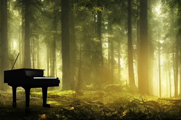 Image similar to a piano standing in the forest, beautiful dynamic lighting, cinematic, wide angle establishing shot, extremely high detail, cinematic lighting, post processed, concept art, artstation, matte painting