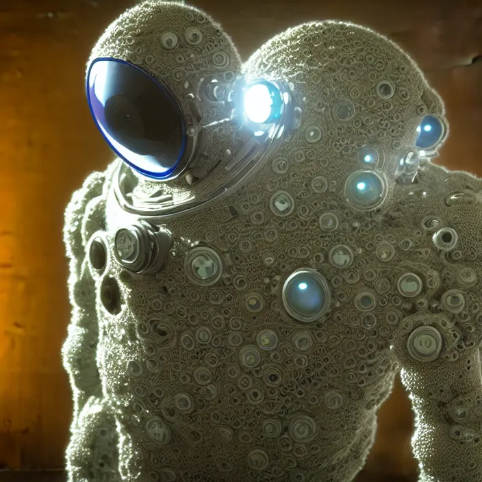 Image similar to a cybernetic symbiosis of a single astronaut mech-organic eva suit made of pearlescent wearing knitted shiny ceramic multi colored yarn thread infected with diamond 3d fractal lace iridescent bubble 3d skin dotted covered with orb stalks of insectoid compound eye camera lenses floats through the living room, film still from the movie directed by Denis Villeneuve with art direction by Salvador Dalí, wide lens,kevlar,carbon fiber,ceramics,gaseous materials,