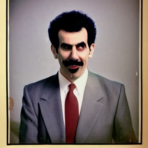 Prompt: borat running for president, vintage photograph, full image, realistic, damaged photograph