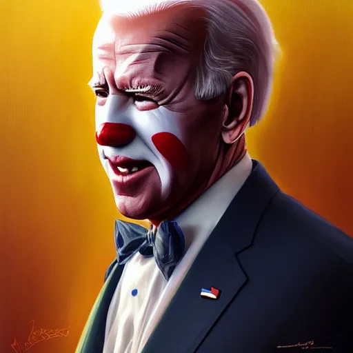 Image similar to symmetry portrait of joe biden as a clown, intricate, elegant, highly detailed, digital painting, artstation, concept art, smooth, sharp focus, illustration, art by artgerm and greg rutkowski and alphonse mucha