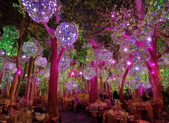 Image similar to a magical forest with crystal flowers that glow in the dusk,