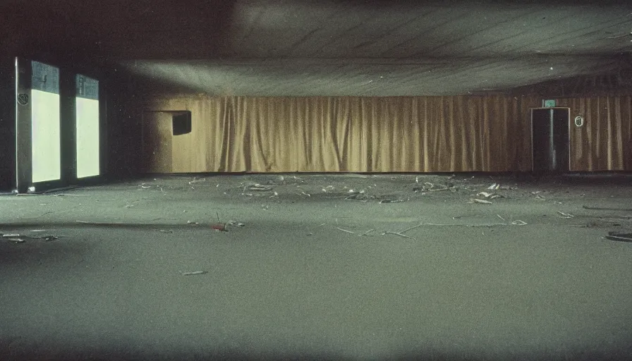 Image similar to 7 0 s film still from a horror movie with one person standing omniously in an abandoned bowling alley, kodachrome, cinecolor, cinestill, photorealism, cinematic, film grain, film texture, vhs recording