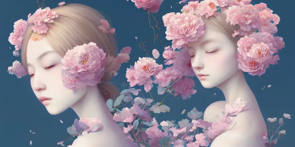 Prompt: breathtaking delicate many detailed concept art with flowers and girls, by hsiao - ron cheng, bizarre compositions, exquisite detail, pastel colors, 8 k