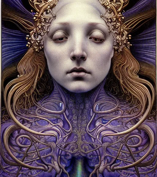 Image similar to detailed realistic beautiful young medieval alien queen face portrait by jean delville, gustave dore and marco mazzoni, art nouveau, symbolist, visionary, gothic, pre - raphaelite, iridescent fractal details. horizontal symmetry by zdzisław beksinski, iris van herpen, raymond swanland and alphonse mucha. highly detailed, hyper - real, beautiful