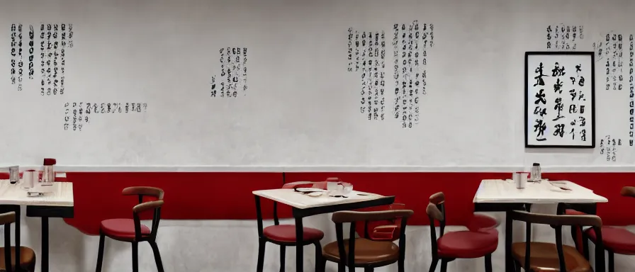 Prompt: a beautiful simple interior render of small roasted string hotpot restaurant restaurant yan'an, wall corner, from china, red paper wall and white tile floor, rectangle white porcelain table, black chair, fine simple delicate structure, chinese style, simple composition, simple style structure decoration design, victo ngai, 4 k hd