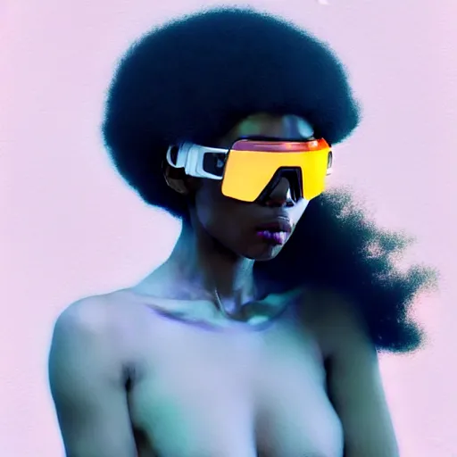 Prompt: beautiful woman wearing opaque reflective goggles profile picture by greg rutkowski, brown skin, long afro hair, asymmetrical, futuristic, cool colors, streetwear, studio ghibli, organic painting, matte painting, geometric shapes, hard edges, street art, trending on the artstation, fantasy lut, realistic by sachin teng,