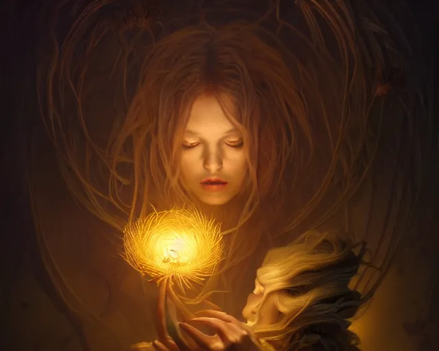 Image similar to 4 k cinematic still portrait of a human figure dandelion monster in a dark liminal space room, amber glow, deep focus, d & d, fantasy, intricate, elegant, highly detailed, digital art, art station, concept art, matte, sharp focus, illustration, dark fantasy art, hearthstone, art by artgerm and greg rutkowski and alphonse mucha