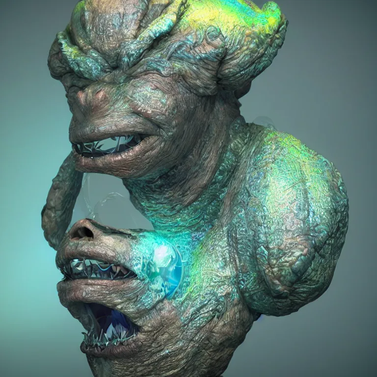 Image similar to octane render portrait by wayne barlow and carlo crivelli and glenn fabry, a deep ocean mariana trench creature made out inflated iridescent plastic and bioluminescence, cinema 4 d, ray traced lighting, very short depth of field, bokeh