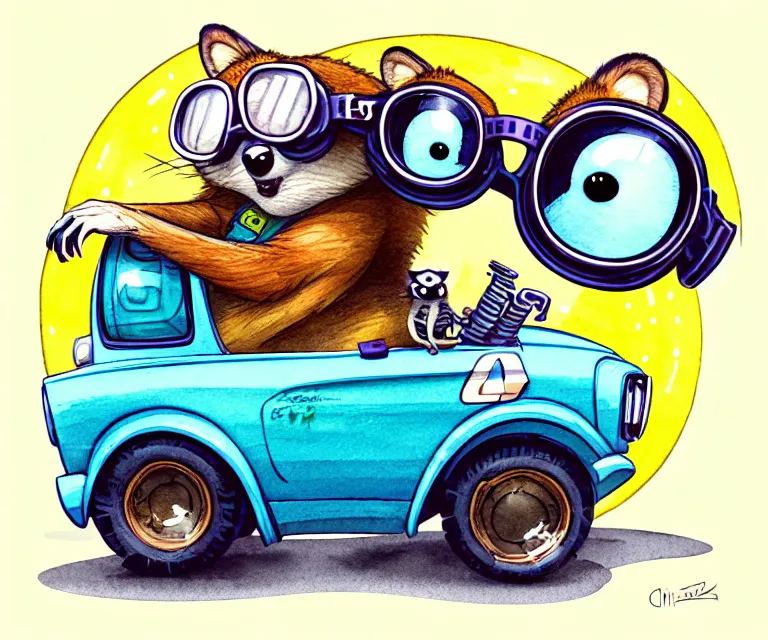 Image similar to cute and funny, racoon wearing goggles driving a tiny hot rod with an oversized engine, ratfink style by ed roth, centered award winning watercolor pen illustration, isometric illustration by chihiro iwasaki, edited by craola, tiny details by artgerm and watercolor girl, symmetrically isometrically centered