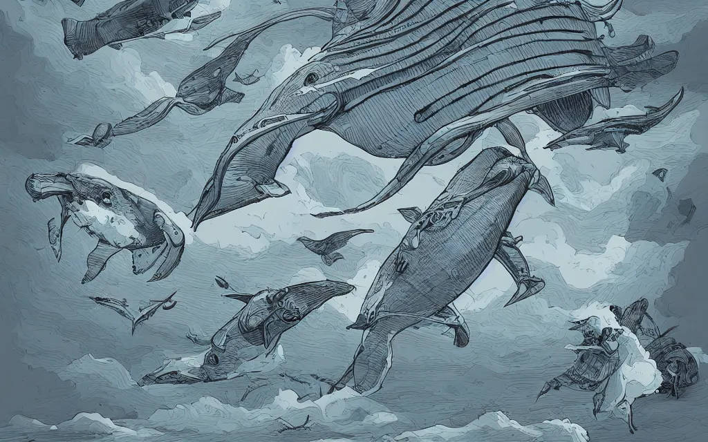 Image similar to biomechanical flying whale, in the style of james jean and laurie greasley, dynamic composition, dramatic lighting, hyper - realistic, ultra detailed