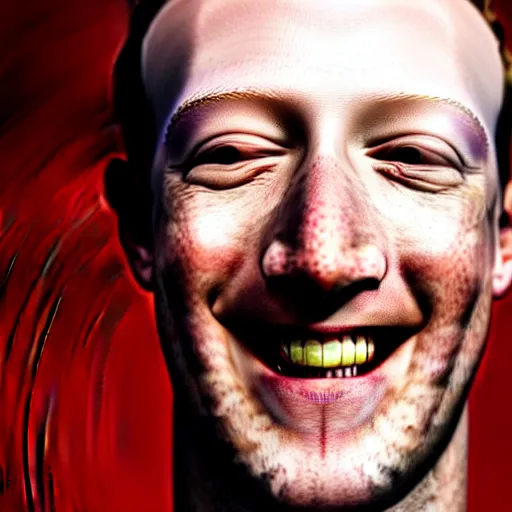 Image similar to a full portrait of evil grinning mark zuckerberg with pale skin and bloodshot eyes and blood flowing from his eyes over his cheeks f / 2 2, 3 5 mm, 2 7 0 0 k, lighting, perfect faces, award winning photography.