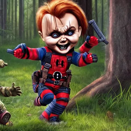 Image similar to chucky the doll and deadpool in the woods together digital art 4 k detailed super realistic