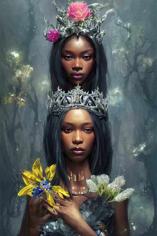 Prompt: beautiful black model wearing crystal crown full of jewels, warhammer, cyberpunk, 3 d render, hyper realistic detailed portrait, holding magic flowers, scifi, fantasy, hyper detailed, octane render, concept art, peter mohrbacher, artgerm, ruan jia, wlop