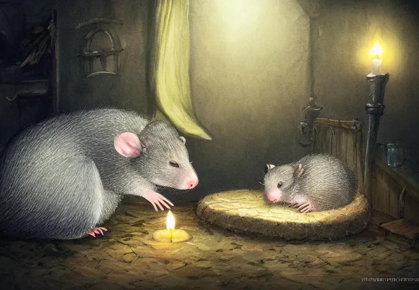 Image similar to cute hatted possum sleeping inside a bed in a medieval cluttered cottage at night under the dim light of a candle, dark fantasy, dreaming illusion, trending on artstation