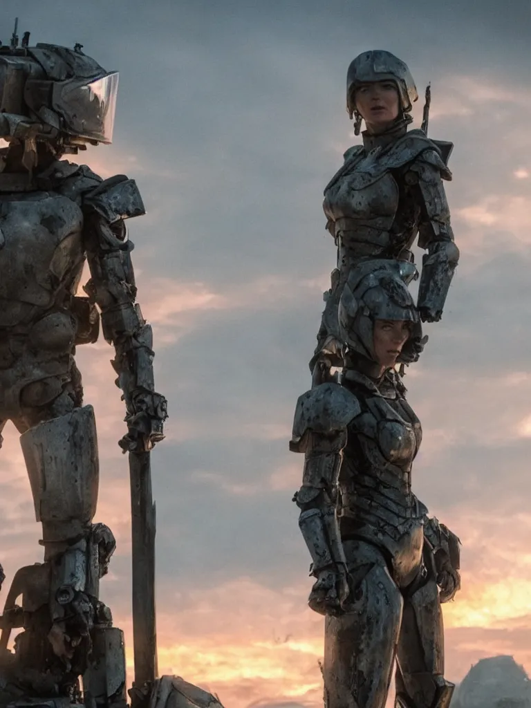 Image similar to emily blunt in futuristic power armor, alone, standing atop a hill, raising her sword, edge of tomorrow movie, angel of verdun, sunset